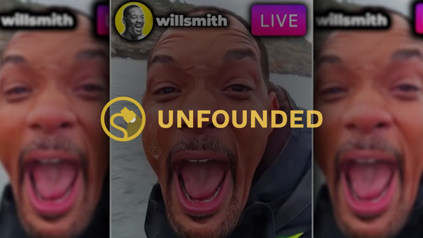 A Black man has his mouth fully open. Behind him, you can see snow on the ground. At the top of the image, it says &quot;willsmith&quot; next to an image of the man smiling. There is a purple button with the word &quot;LIVE&quot; at the top of the image as well. You can see smaller versions of the same image on either side of the center image. Over top of the iamge, it says, &quot;Unfounded.&quot;