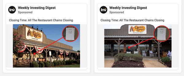 Cracker Barrel is not closing all restaurants and store locations, going bankrupt or going out of business for other reasons, despite ads seen on Facebook and Instagram.