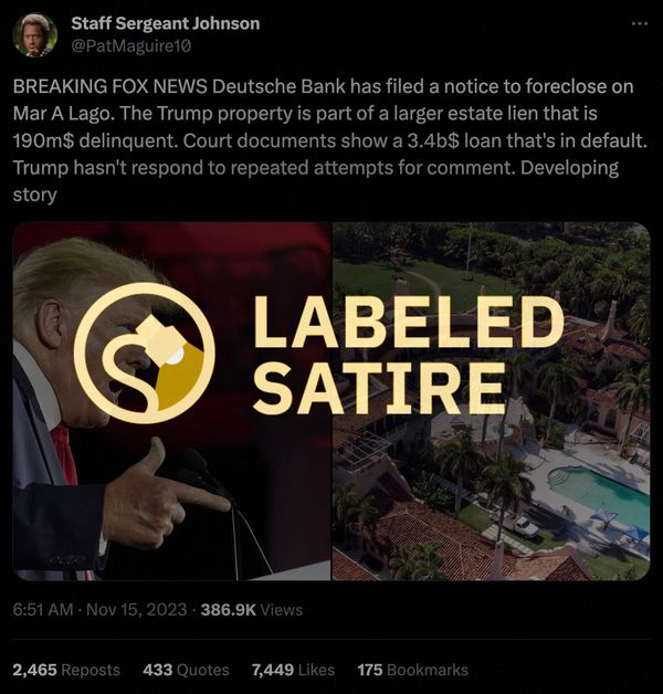 A tweet from a parody account said that former US President Donald Trump received a foreclosure notice from Deutsche Bank for his Mar-a-Lago property in Palm Beach, Florida.
