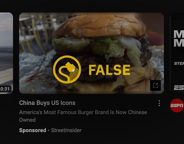 Online advertisements claimed that America's most famous burger brand is now Chinese owned and that China had bought US icons.