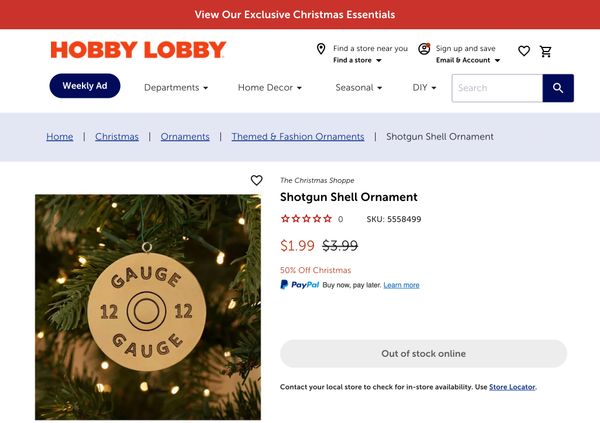 Online users discussed how Hobby Lobby was selling a shotgun shell ammunition and gun or firearm-themed Christmas ornament.