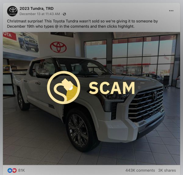 Facebook posts promised a 2023 Toyota Tundra Christmas surprise giveaway but it was a scam.