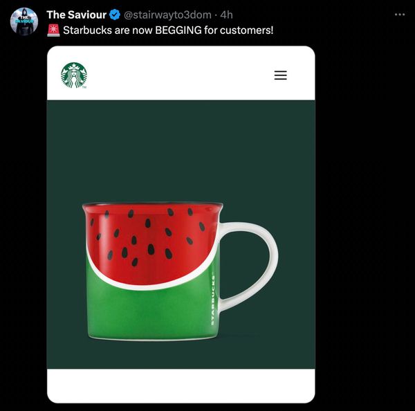 Users on X claimed that Starbucks had released a new watermelon mug as a way of showing support to Palestinians and to cool down boycott efforts against the company.
