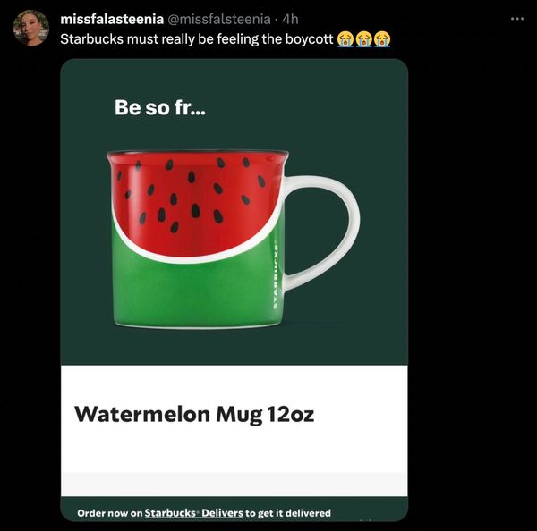 Users on X claimed that Starbucks had released a new watermelon mug as a way of showing support to Palestinians and to cool down boycott efforts against the company.