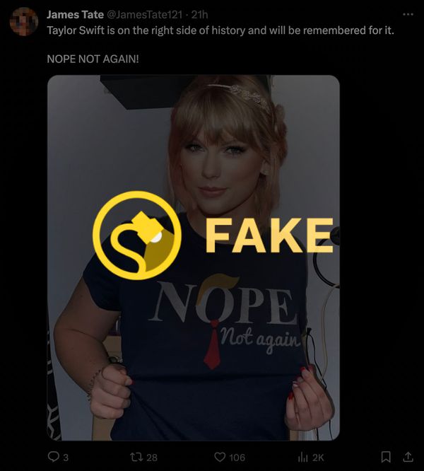 A picture shared online claimed that Taylor Swift had worn an anti-Trump shirt with Donald Trump's hair and red tie that read nope not again.