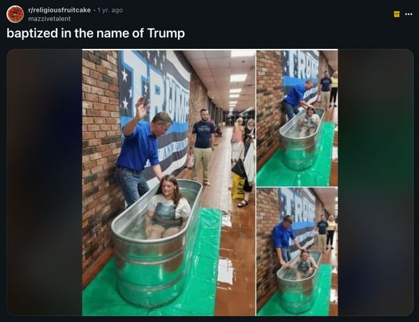 Online users shared photos that purportedly showed a young woman being baptized in a livestock trough or tank under the banner of a Trump flag.
