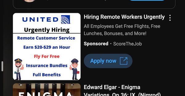 Online ads claimed that United Airlines was offering remote customer service positions with free flights.