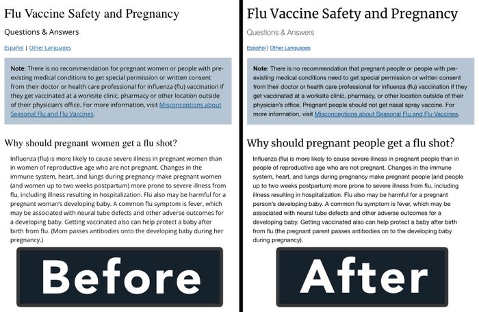 The CDC website updated a flu guidance page to say pregnant people instead of pregnant women.