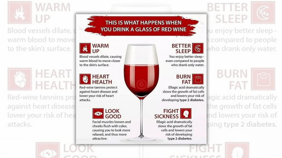 A meme says, "This is what happens when you drink a glass of red wine." Directly blow it is a glass of red wine. Clockwise around the meme, it gives the reasons to drink red wine are to warm up, heart health, look good, fight sickness, burn fate, and better sleep. Underneath the headings are further information about them.