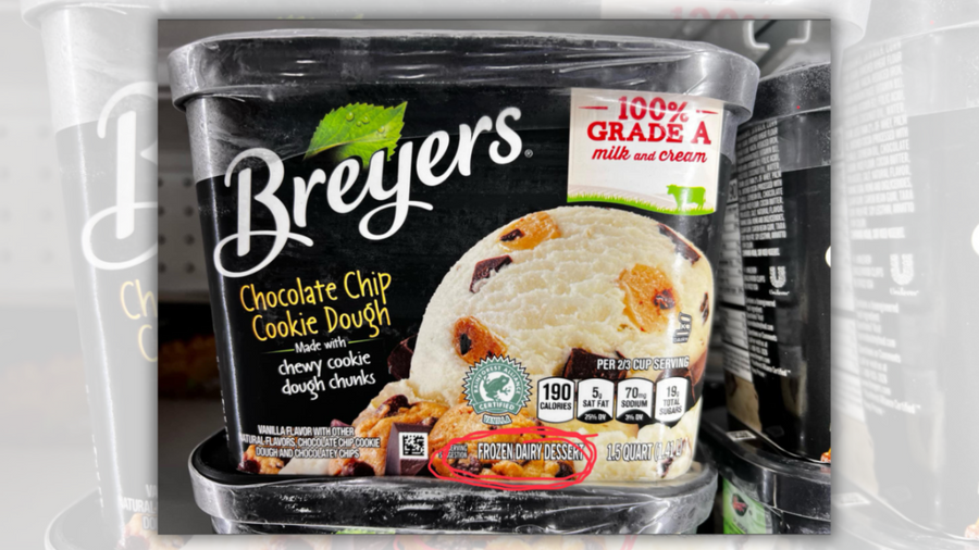 A carton of Breyer's Chocolate Chip Cookie Dough is shown. On the side of the carton, it says 100% Grade A milk and cream.