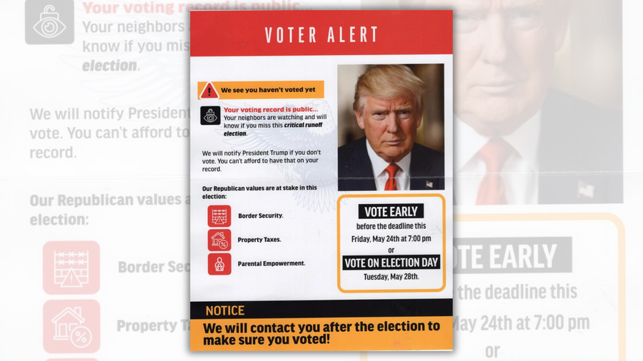 A flier states that former President Donald Trump will be notified if a person doesn't vote in Texas runoff elections.