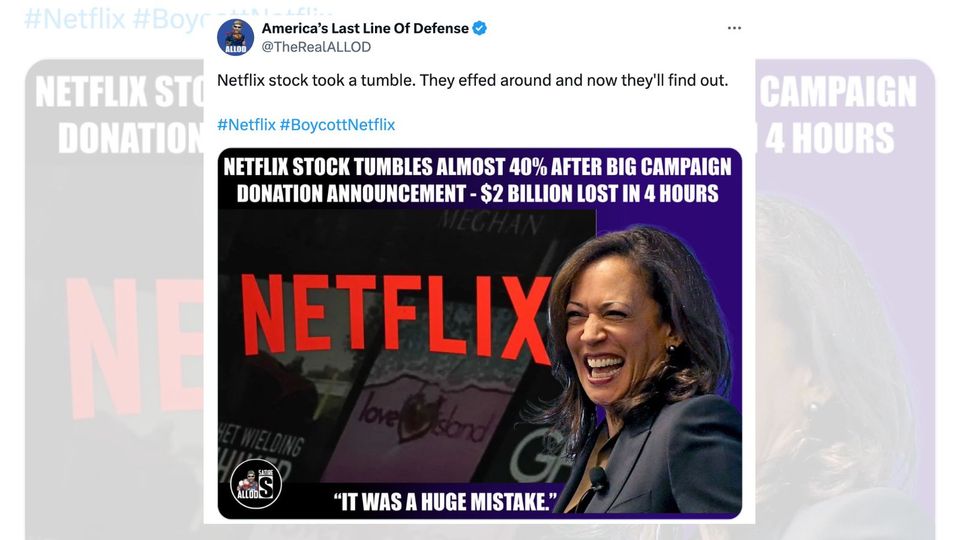 Netflix Stock Plunged After $7M Donation to Harris Campaign? | Snopes.com